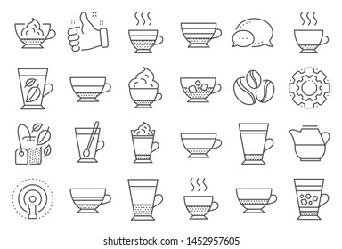 Coffee types and Tea icons. Set of Latte, Frappe and Cappuccino icons. Espresso, Doppio and Cafe Crema. Americano, Whipped cream latte and Coffee with ice. Mocha cafe, Herbal, Mint tea cups. Vector