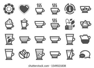 Coffee types and Tea icons. Set of Latte, Frappe and Cappuccino icons. Espresso, Doppio and Cafe Crema. Americano, Whipped cream latte and Coffee with ice. Mocha cafe, Herbal, Mint tea cups. Vector