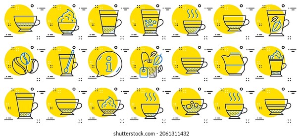 Coffee types and Tea icons. Set of Latte, Frappe and Cappuccino icons. Espresso, Doppio and Cafe Crema. Americano, Whipped cream latte and Coffee with ice. Mocha cafe, Herbal, Mint tea cups. Vector