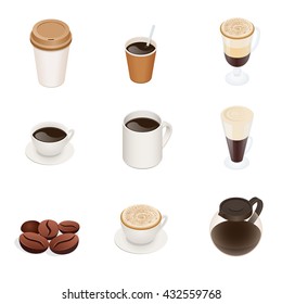 Coffee types. Vector coffee-cup icons. Graphic concept for web sites, web banner, mobile apps, infographics. Flat 3d vector isometric illustration.