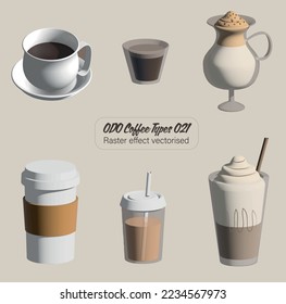 Coffee types vector set - 6 popular coffee types illustrated and rendered 3d.