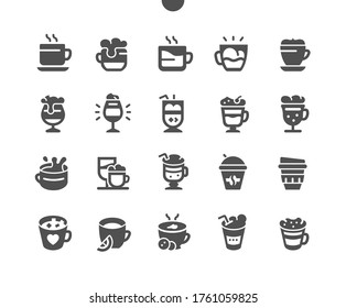 Tipos de café Iconos sólidos Pixel Perfect Vector de excelente diseño 30 Cuadrícula 2x para gráficos y aplicaciones web. Pictograma mínimo simple