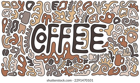 Coffee Typography Doodle with Abstract Shapes in Different Brown Tones, Delicious and Tasty