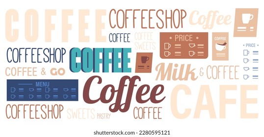 Tipografía De Café Con Diversas Fuentes Y Estilos Para Mostrar El Café De Palabra. Elementos Para Cafeterías, Cafeterías