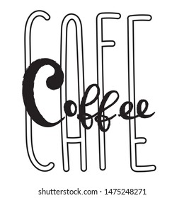 Coffee typography sign. Coffee text for decoration, shop, café, cup, machine. Cafe sign template. Coffee box lettering hand drawn. Calligraphy for coffee logo unique. Decorative type for home, print.
