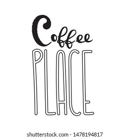 Coffee typography sign. Coffee text for decoration, shop, café, cup, machine. Cafe sign template. Caffeine lettering hand drawn. Calligraphy for coffee logo unique. Decorative type for home, print.
