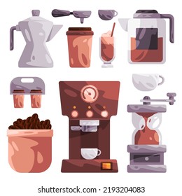 Coffee utensil glassware object from coffee machine to beans grinder and cup collection of tool 