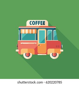 Coffee van flat square icon with long shadows.