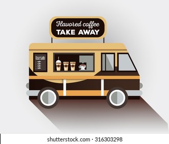 Coffee van. Hot drinks on wheels. Cafe car. Food bus. Van cafe delivery. Hipsters style