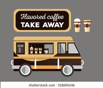 Coffee van. Hot drinks on wheels. Cafe car. Food bus. Van cafe delivery. Hipsters style
