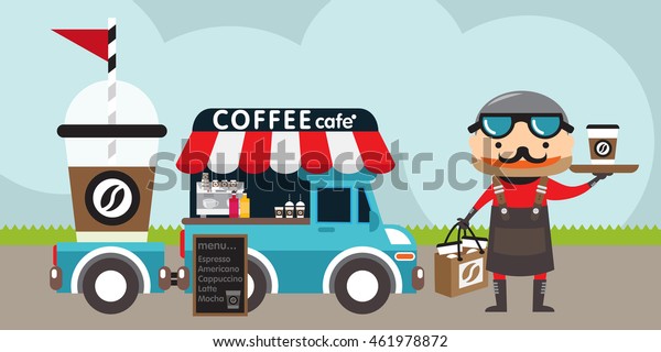 Coffee van. Hot drinks on wheels. Cafe car. Food\
bus. Van cafe delivery. Hipsters style. Vector illustration of a\
coffee van. Coffee shop on wheels. Vector color flat illustrations.\
Delivery man.