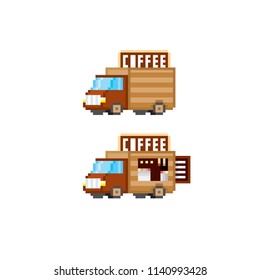 The coffee van. Street food. Pixel art. Old school computer graphic. 8 bit video game. Game assets 8-bit sprite.