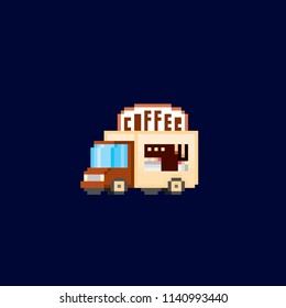The coffee van. Street food. Pixel art. Old school computer graphic. 8 bit video game. Game assets 8-bit sprite.