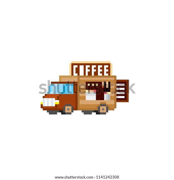 The coffee van.\
Street food. Pixel art. Old school computer graphic. 8 bit video\
game. Game assets 8-bit\
sprite.