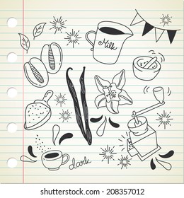 coffee and vanilla in doodle style