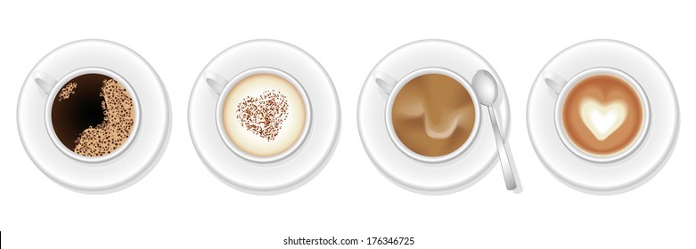 Coffee variations. Four cups with different coffee specialties vector Illustration