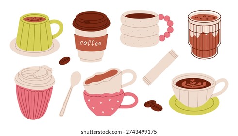 Coffee in various glasses and cups. Takeaway coffee. Coffee beans, spoon, sugar. Flat vector illustration isolated on white background.