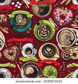 Coffee vector background. Colorful vector endless pattern of caffeine hot drinks in mug, glass, cup. Top view engraving style cute coffee beverages with spoons, sugar sticks, spices, pastries, flowers