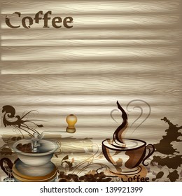 Coffee  vector background with hand drawn cups, signatures and hearts for design