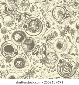 Coffee vector background. Monochromatic endless pattern of caffeine hot drinks in mug, glass, cup. Top view engraving style cute coffee beverages with spoons, sugar sticks, spices, pastries, flowers