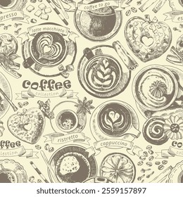 Coffee vector background. Monochromatic endless pattern of caffeine hot drinks in mug, glass, cup. Top view engraving style cute coffee beverages with spoons, sugar sticks, spices, pastries, flowers