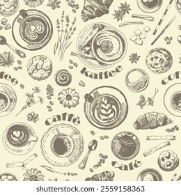 Coffee vector background. Monochromatic endless pattern of caffeine hot drinks in mug, glass, cup. Top view engraving style cute coffee beverages with spoons, sugar sticks, spices, pastries, flowers