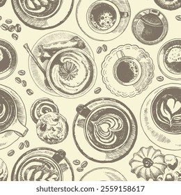 Coffee vector background. Monochromatic endless pattern of caffeine hot drinks in mug, glass, cup. Top view engraving style cute coffee beverages with spoons, sugar sticks, spices, pastries, flowers