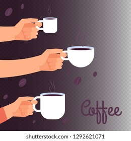 Coffee vector banner background with hands holding cups of hot drink