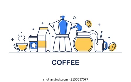 coffee vector banner design concept, flat style with thin line art icons on white background