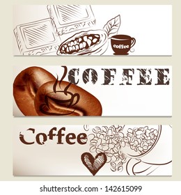 Coffee  vector brochures set with hand drawn cups, grains and chocolate s for design