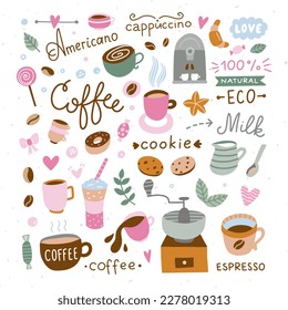 Coffee vector clipart. Cute coffee illustrations. Coffee cups and sweets collection