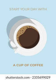 Coffee vector cup on isolated light background. Top view. Minimalist poster
