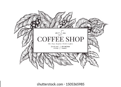 Coffee vector design template. Retro coffee background. Hand drawn engraved style illustration.