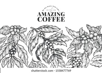 Coffee vector design template. Retro coffee background. Hand drawn engraved style illustration.