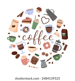 Coffee vector doodles set. Round design. Circle shaped illustration of morning coffee mug cappuccino, espresso, frappe and mocha, different beverages and desserts. Cute simple hand drawn elements.