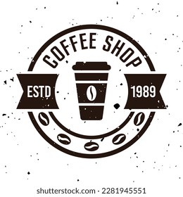 Kaffeevektoremblem, Abzeichen, Etikett, Aufkleber oder Logo im Vintage-Stil einzeln auf weißem Hintergrund mit abnehmbaren Texturen