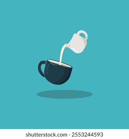 Coffee Vector Flat Design Illustration. Pouring Froth Milk On Coffee Cup. Pouring Latte Art. Coffe cup or mug