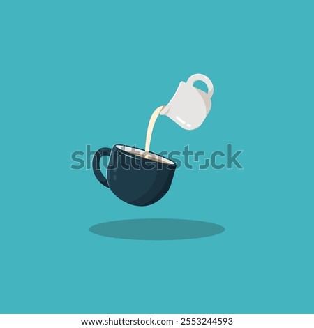 Coffee Vector Flat Design Illustration. Pouring Froth Milk On Coffee Cup. Pouring Latte Art. Coffe cup or mug