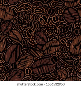 Coffee. Vector graphic seamless pattern. Nature art line leaves, bean, grain. Abstract hand drawn design, tropic aroma plant on black background. Vintage print, golden wallpaper