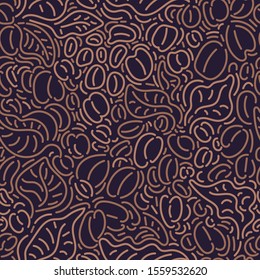 Coffee. Vector graphic seamless pattern. Nature tree, art line leaf, bean, grain. Sketch hand drawn illustration on black background. Aroma drink. Retro print, abstract textile for fashion