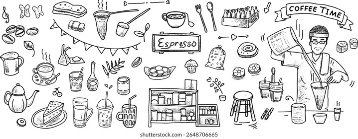 Coffee vector hand drawn set. Collections of doodle traditional cafe illustration. Morning hot drink cartoon objects isolate on background.