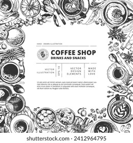 Coffee vector hand-drawn frame illustration, cafe menu design template. Caffeine drinks in cups with sugar, cookies, coffee beans, spoon, plant elements. Top view elements design with text. 