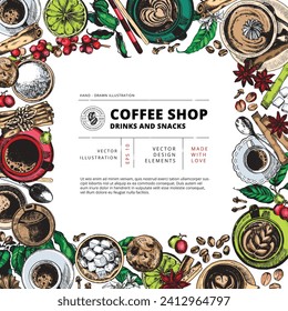 Coffee vector hand-drawn frame illustration, cafe menu design template. Caffeine drinks in cups with sugar, cookies, coffee beans, spoon, plant elements. Top view elements design with text. 