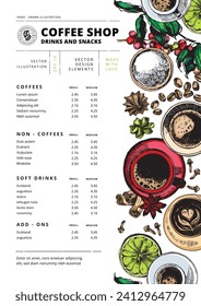 Coffee vector hand-drawn illustration, cafe menu design template. Caffeine drinks in cups with sugar, cookies, coffee beans, spoon, plant elements. Top view elements design with text. 