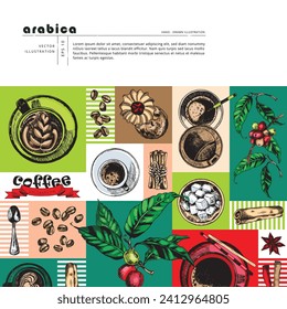 Coffee vector hand-drawn illustration, cafe menu design template. Caffeine drinks in cups with sugar, cookies, coffee beans, spoon, plant elements. Top view elements design with text. 