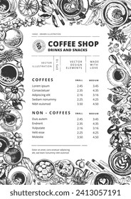 Coffee vector hand-drawn illustration, cafe menu design template. Caffeine drinks in cups with sugar, cookies, coffee beans, spoon, plant elements. Top view elements design with text.