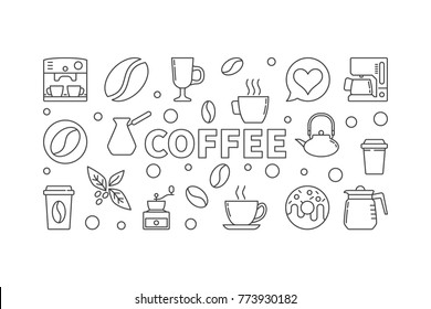 Coffee vector horizontal illustration. Vector concept banner made with outline coffee icons