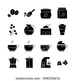 Coffee Vector Icon Set of 16 in minimalist Black Shape style | Black Icons isolated on white background
