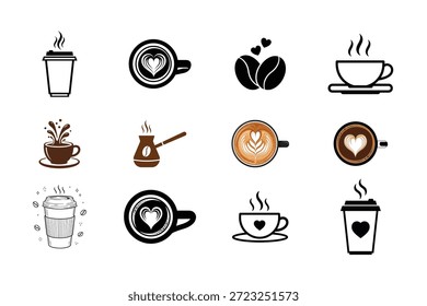 Coffee Vector Icon Set – Cups, Beans, Latte Art, Hot Drink Symbols