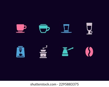 Coffee vector icon set. Coffee drinks and equipment icons.